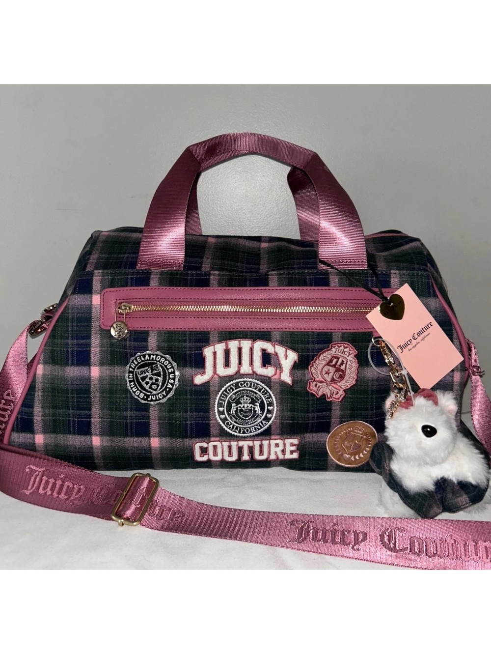 NEW! JUICY COUTURE Juicy Varsity Weekender Bag Green/Pink Plaid